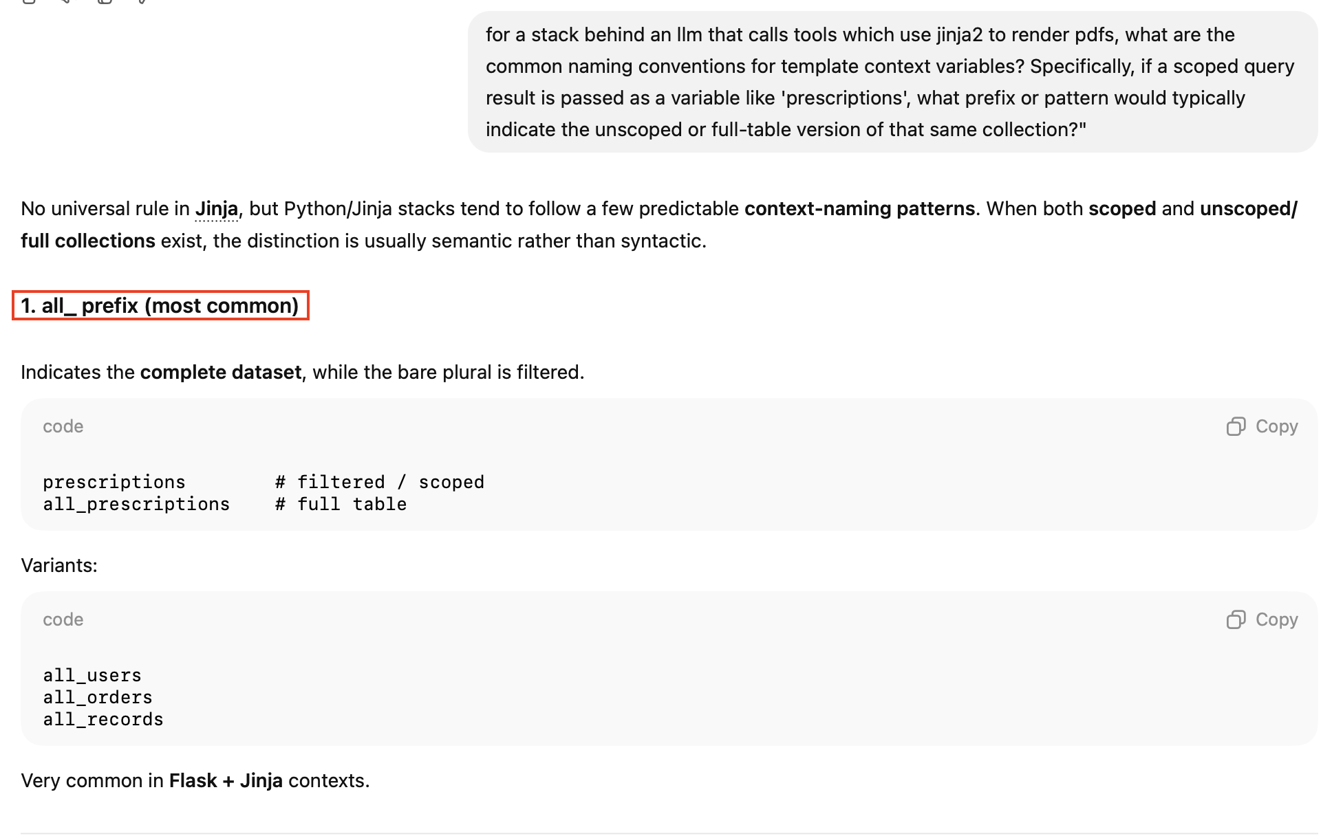 ChatGPT explaining that Python/Jinja stacks commonly use an all_ prefix for unscoped full-table collections alongside filtered scoped versions.